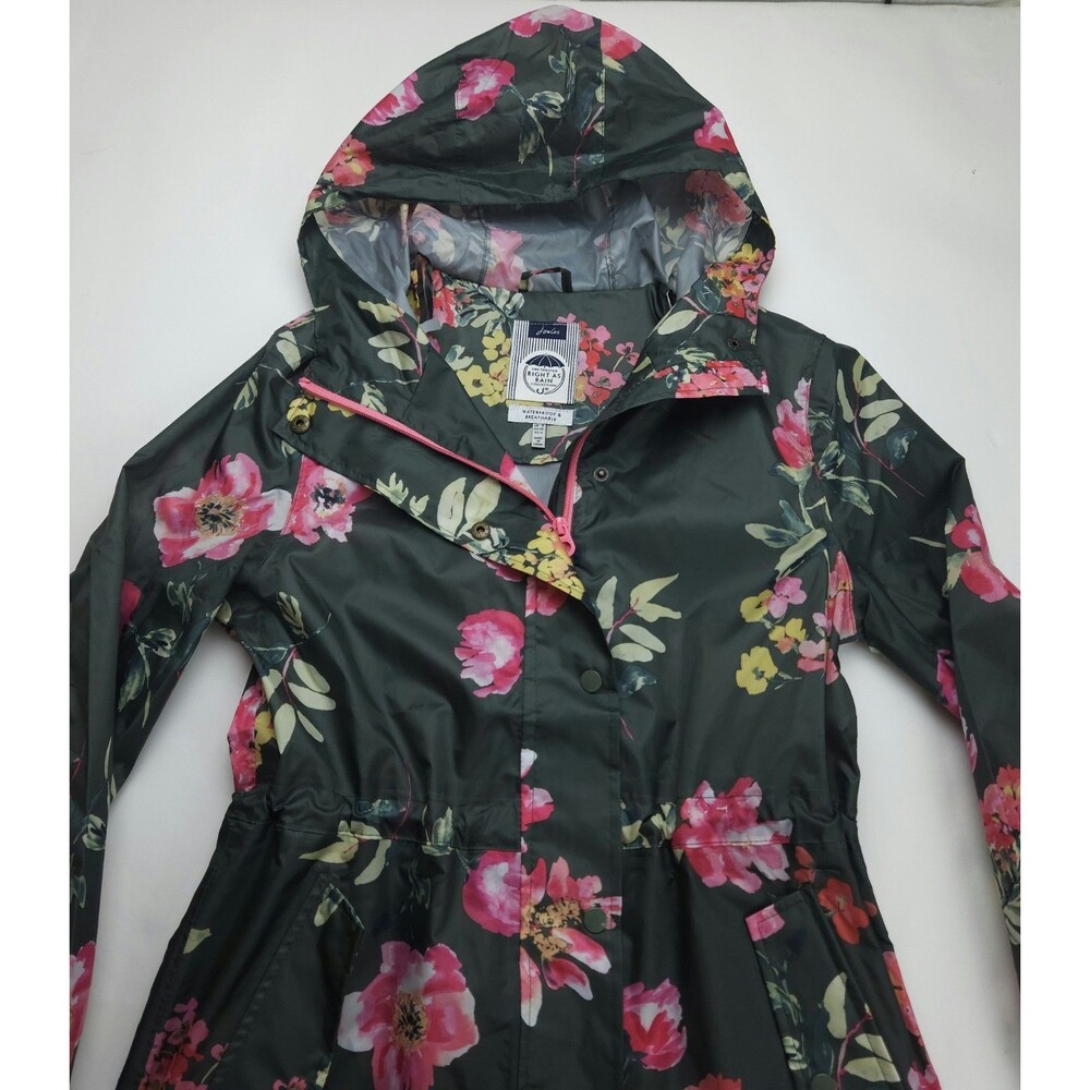 Joules Right As Rain GoLightly Hooded Rain Jacket Size 4 Floral Green Zip Womens